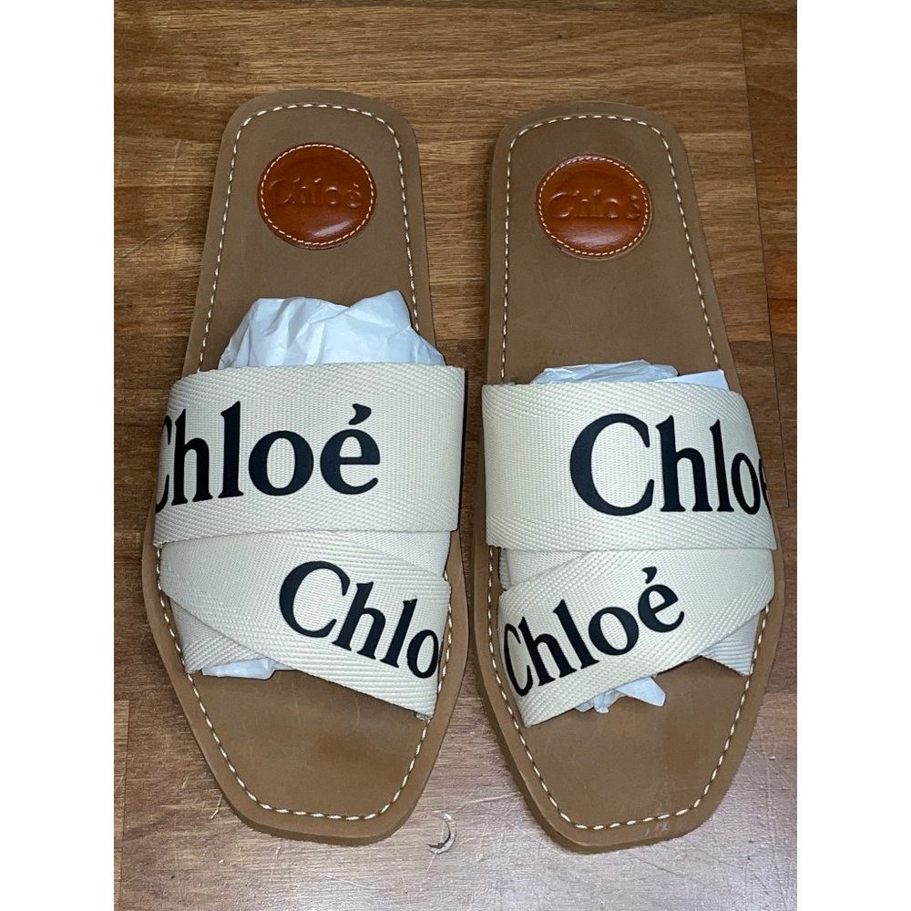 Chloé Brown Leather Slide Sandals with Cream Logo Straps - Picture 6 of 15
